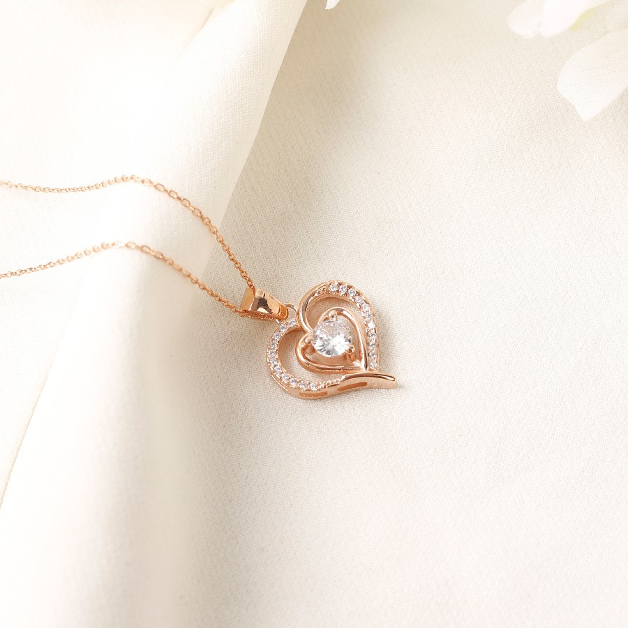 925 Kyar Tek Taşlı Kalp Modeli Bayan Gümüş Kolye